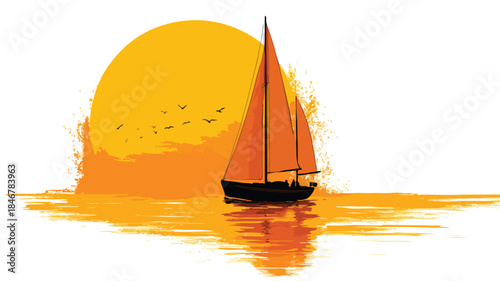 Golden Hour Sailboat Sailing Towards Setting Sun on Water