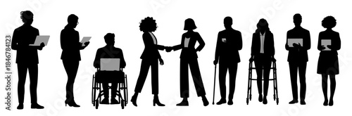 Black and white vector silhouettes of diverse business professionals, including wheelchair and walker users. Flat monochrome vector illustration isolated on transparent background