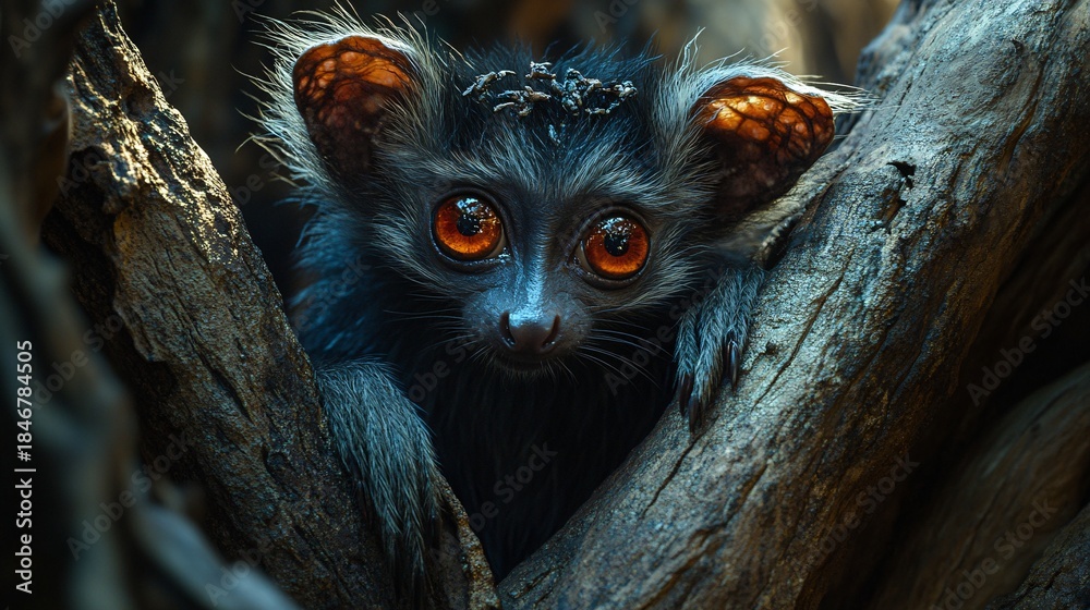 Obraz premium A captivating close-up reveals an aye-aye diligently foraging for insects within the towering heights of a tree, showcasing its unique adaptation and natural behavior in its habitat.