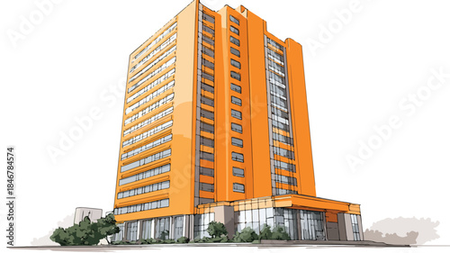 Modern Tall Orange Building with Abundant Windows Vector Illustration