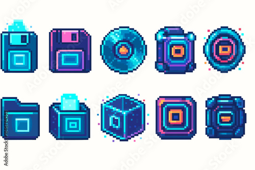 Retro technology icon set. Vintage, 3d pixelated gadgets for digital nostalgia
