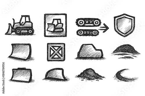 Construction equipment sketch icon set. Hand-drawn, construction, machinery outline icons
