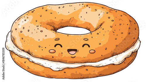 Smiling Vector Bagel with Cream Cheese - Joyful Food Illustration for Design Projects