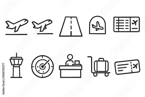 Airport travel line icon set. Airplane, boarding pass, luggage outline icons collection