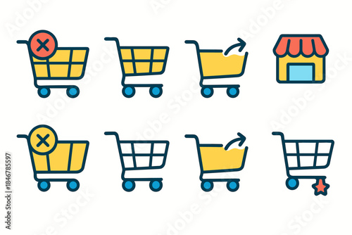 Shopping and ecommerce flat icon set. Cart, store, and purchase icons collection