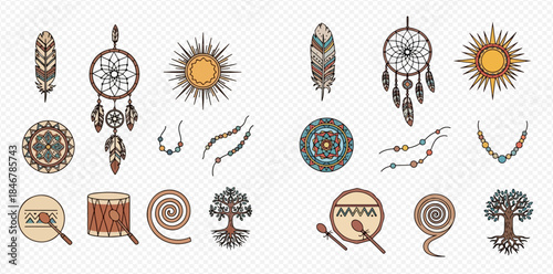 Set of colorful boho style icons with dreamcatchers, feathers, sun, and other tribal elements.