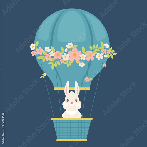 Cute hot air balloon bunny illustration with floral air balloon, pastel cartoon rabbit for nursery and kids room decor