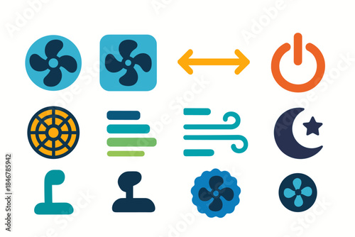 Climate control flat icon set. Hvac, ventilation, and weather symbols collection
