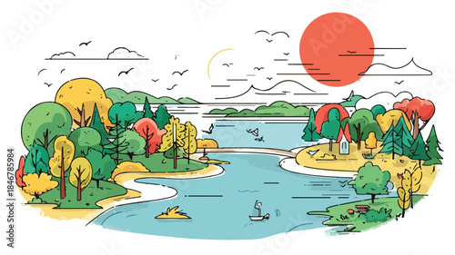 Aerial View of Tranquil Countryside - Vector Landscape Illustration