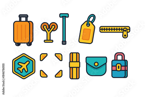 Travel and tourism flat icon set for vacation and trip planning essentials