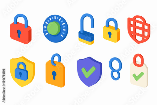 Security and protection 3d icon set. Lock, shield, and verification symbols collection