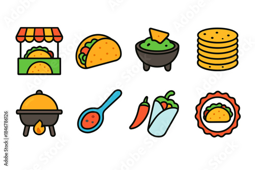 Mexican food flat icon set. Tacos, guacamole, chili peppers, burritos icons collection.