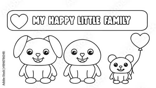 A cute bear walks two happy dogs with a heart shaped balloon trailing behind them in a sweet family scene