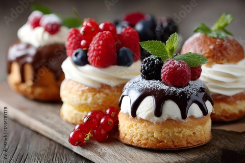 Wallpaper Mural Mini sponge cakes with berries, chocolate, and cream Torontodigital.ca