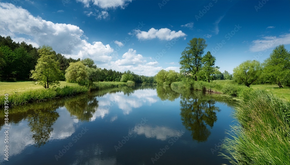 Obraz premium peaceful landscape of a calm river surrounded by green trees and grass under a clear blue sky with soft clouds reflecting on the water