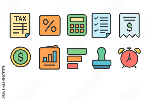 Finance and business flat icon set. Tax, accounting, and planning icons collection