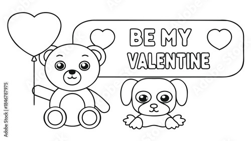 Cute teddy bear and puppy holding heart balloon, valentine's day theme for kids