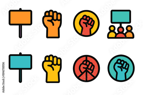 Protest and activism flat icon set. Signs, fists, and peace icons collection