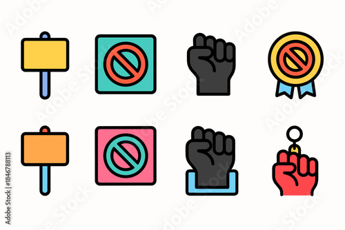 Protest and activism flat icon set. Politics, demonstration symbols in flat style.