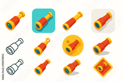 Telescope icon set. Exploration, astronomy icons in vibrant flat style.
