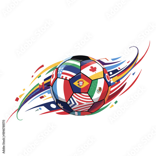  poster inspired by this reference Vector-style illustration featuring a stylized soccer ball as the main element. Use the colors of all 2026 