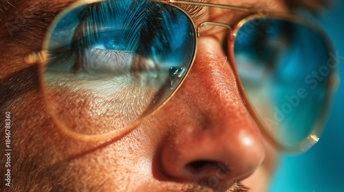 Close-up portrait of man wearing glasses with ocean and palm reflections, expressing calm summer atmosphere.
