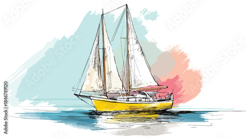 Sailboat on White Background Vector with Outline Isolated
