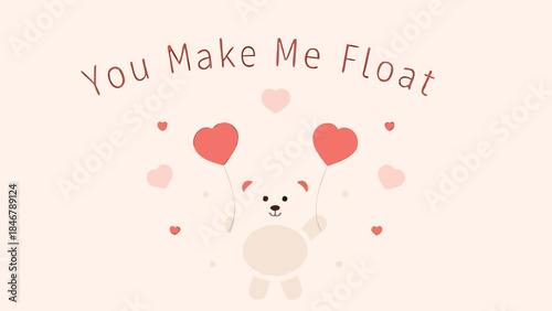 Pastel heart balloons float with cute teddy bear on soft pink background