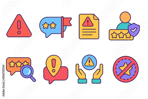 Warning, feedback, review flat icon set. Alert, notification, star rating icons collection
