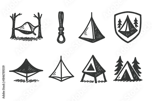 Camping, hiking outline icon set. Adventure, tent, nature line icons collection