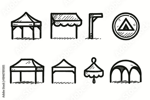 Camping equipment outline icon set. Tents, gear, adventure icons line collection