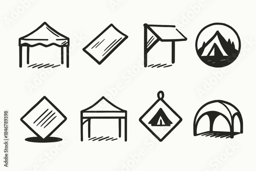 Camping tent outline icon set. Outdoor, adventure, travel, nature, minimal icon collection.