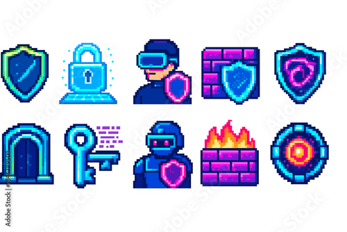 Cybersecurity retro icon set. Digital security, data protection icons in pixel art style.