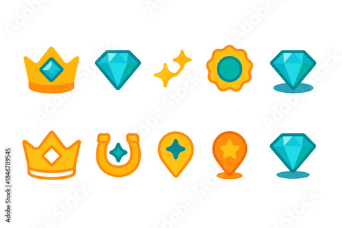 Gem and crown icon set. Flat royalty, treasure, jewel icons collection