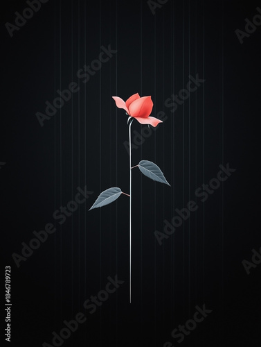 A stylized rose with simple petals and geometric leaves on a dark minimalist background, representing purity, clarity, and elegant simplicity.