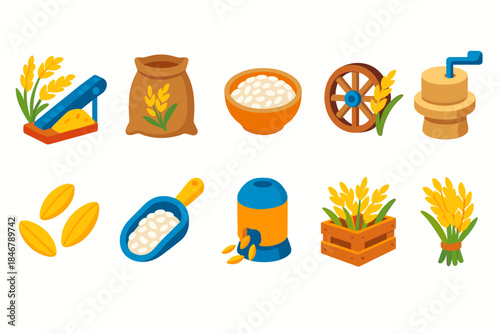 Agriculture, harvest flat icon set. Farming, wheat, grain icons flat collection