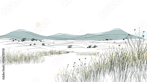 Tranquil Minimalist Grasslands Landscape Vector Illustration