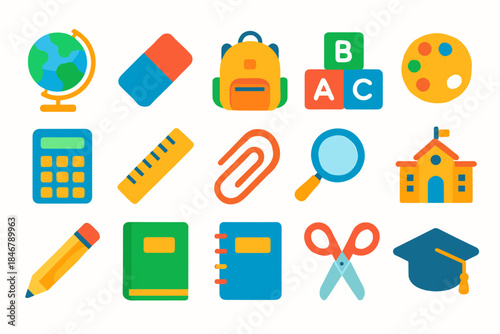 Education, school supplies flat icon set. Learning, classroom icons flat collection