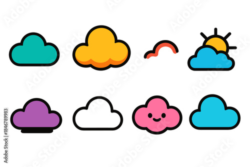 Cloud weather icon set, flat style. Forecast, meteorology symbols collection
