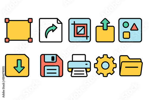 File management flat icon set. Organize, save, and share icons in flat style.