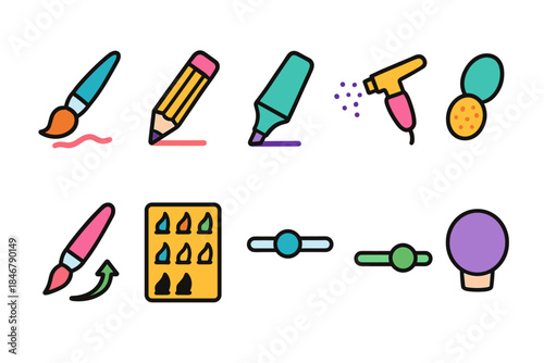 Creative tools flat icon set. Art supplies, drawing tools, and painting flat collection