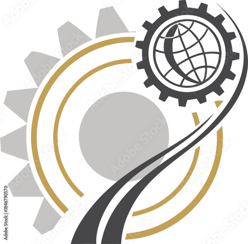 Global Gears of Industry: A symbolic representation of interconnected gears with a globe at the center, signifying global industry and technological advancements.