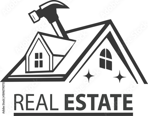 Real Estate Home Improvement: A visual representation of real estate featuring a house silhouette with a hammer on the roof, symbolizing construction and home improvement.