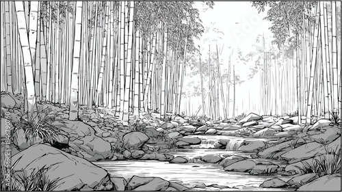 Tranquil Bamboo Forest and Serene Streams Vector Illustration