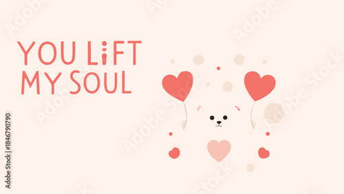 Kawaii teddy bear soaring with shimmering heart balloons in pastel colors