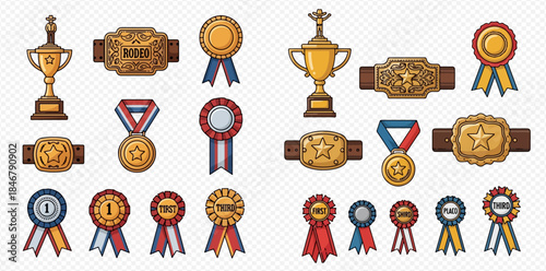 Collection of various cartoon-style sports awards, including trophies, medals, and championship belts, isolated on a transparent background.