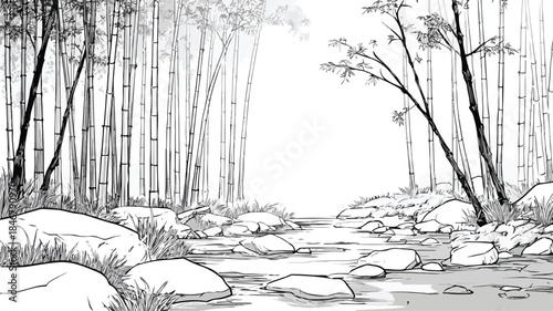 Tranquil Bamboo Forest and Serene Streams Vector Illustration
