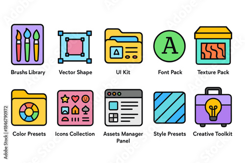 Creative toolkit flat icon set. Brushes, vector shapes, ui kit, font and texture packs