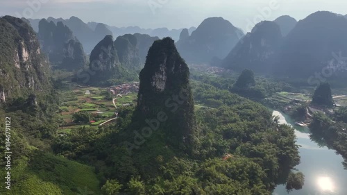 Aerial View of Longjiang River First Bend with Dramatic Karst Peaks in Guangxi China