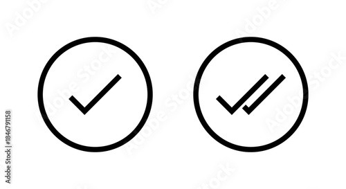 Check mark and two checkmark icon in circular outline. Single and double tick status symbol. Sent and read message sign